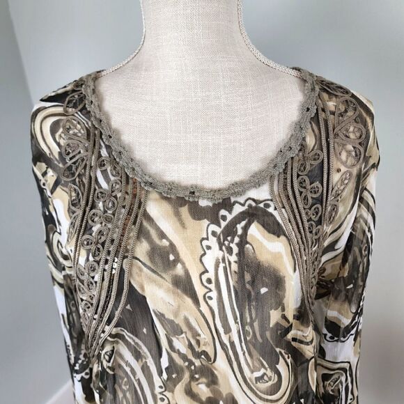 Tribal Women’s Sheer Black Green Ruffled Neckline Blouse Top Long Sleeve Size 14 - Picture 2 of 9